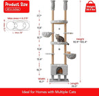 Cat Tree, Floor to Ceiling Cat Tower Adjustable Height [92.9-102.4in=235-258cm], 7 Tiers Cat Climbing Play House with Fully Sisal Scratching Post,Cozy Condo&Hammocks for Indoor Cats,Light Grey