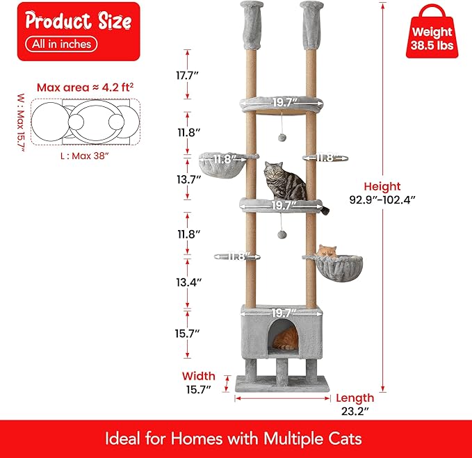 Cat Tree, Floor to Ceiling Cat Tower Adjustable Height [92.9-102.4in=235-258cm], 7 Tiers Cat Climbing Play House with Fully Sisal Scratching Post,Cozy Condo&Hammocks for Indoor Cats,Light Grey