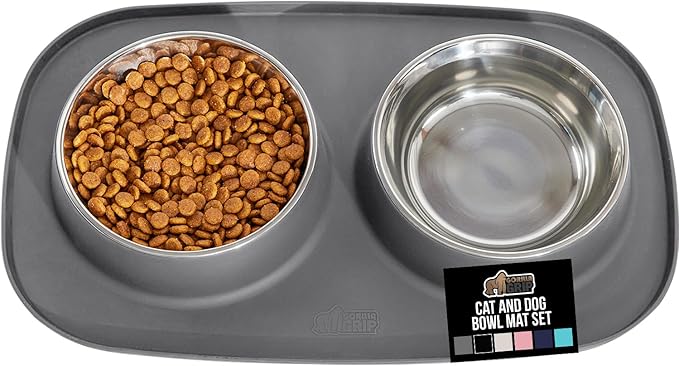 GORILLA GRIP Feeding Mat Bowl Set, 3 Cup 100% Waterproof BPA Free Silicone Base, 304 Stainless Steel Cat and Dog Bowls for Food and Water, Slip Resistant, High Edge, US Designed, Patent Pending, Gray