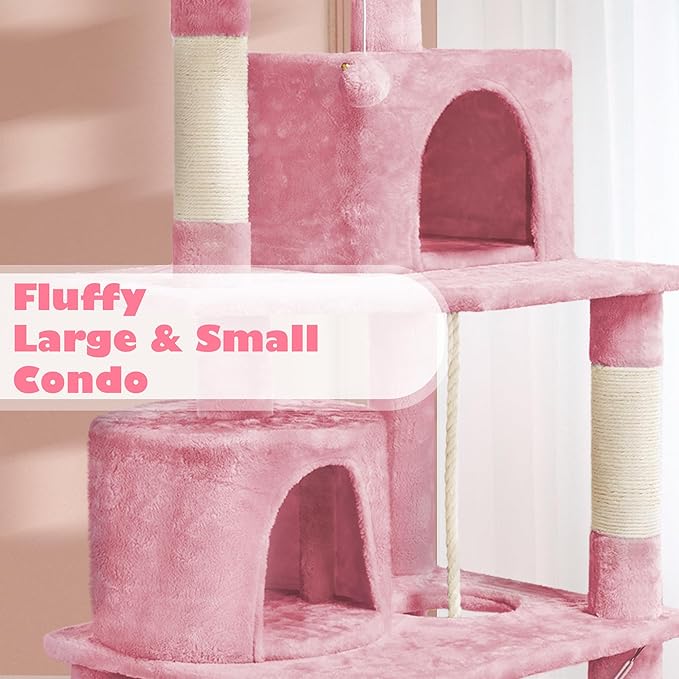 Topeakmart 62.2 inches Cat Tree, Cat Tower w/Double Condos, Scratching Posts & Hammock, Cat Activity Tree Kitten Play House, Pink