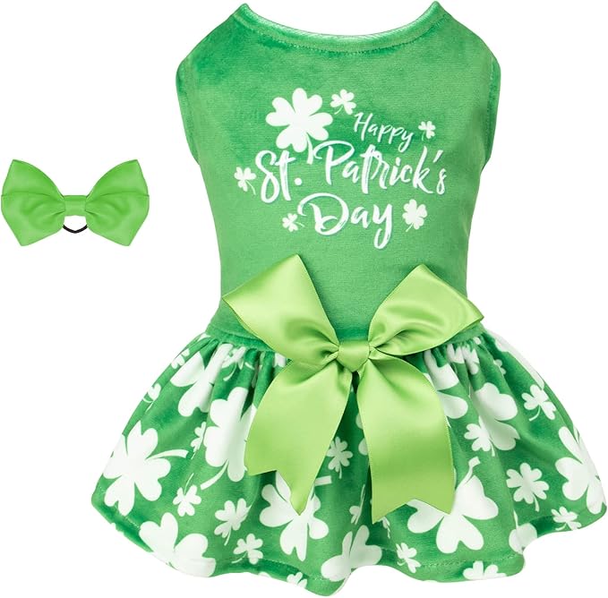 CuteBone St.Patrick's Day Dog Green Dress Velvet for Small Dogs Girl Puppy Dresses Clover Dog Clothes CVA14M-D