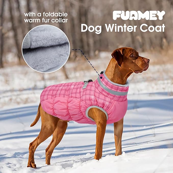 FUAMEY Dog Coat for Medium Dogs,Waterproof Dog Winter Jacket with Harness Built in Puppy Cold Weather Coats Reflective Pet Vest with Zipper Warm Fleece Dogs Snowsuit Windproof Rose Plaid M