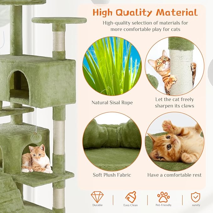Sweetcrispy 54 Inch Cat Tree Tower, Multi-Level with Cat Scratching Post, Indoor Cat Condo with Climbing Ladder, Plush Toy, Play House for Cat, Green