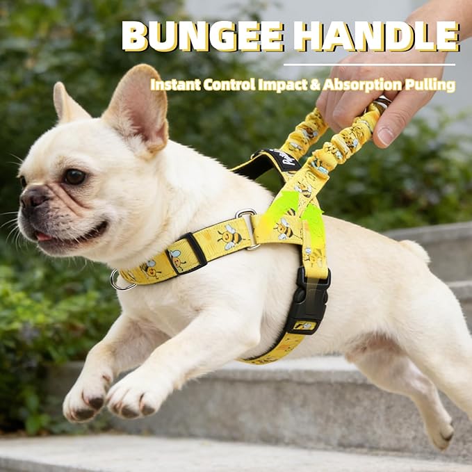 PUPTECK No Pull Dog Harness Small Sized Dog, Adjustable Reflective Pet Vest Harness with Bungee Handle, Escape Proof No Choke Harness for Small Dogs Walking Training, Yellow Bee M