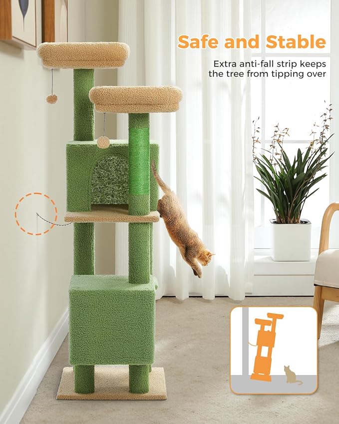 Cactus Cat Tree, 52.4" Cat Tower for Indoor Cats, Cute Cat Tree with 2 Padded Perches, 2 Condos & 2 Scratching Posts, Green