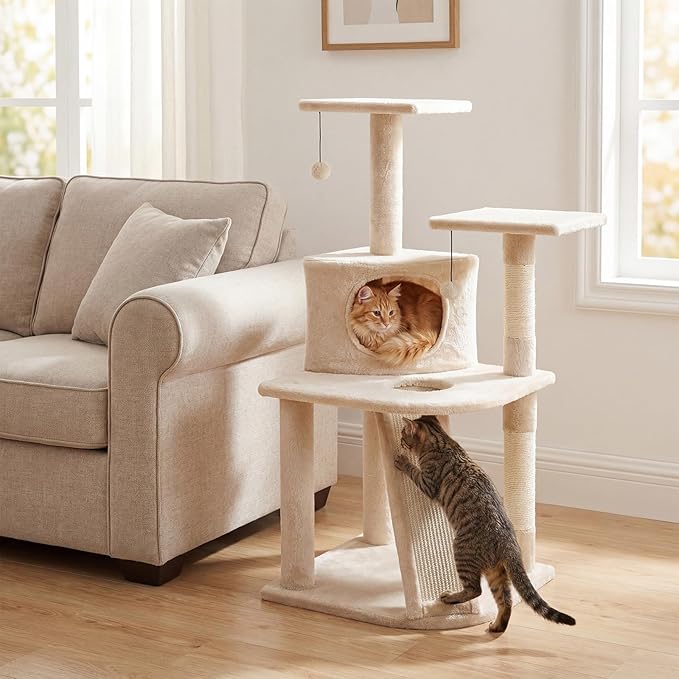 Tangkula Corner Cat Tree, Multi-Level Cat Tower with Top Perches & Cozy Condo, Natural Sisal Scratching Posts & Climbing Ladder, Playful Cat Hole & Hanging Balls, Kitty Climbing Play Center (Beige)