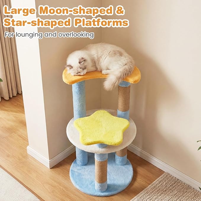 Tangkula Cute Cat Tree, 29 Inch Multi-Level Cat Tower with Jute Scratching Posts, Star & Moon Shaped Platforms, Perch Dangling Toy, Cat Climbing Furniture for Indoor Cats (Blue)