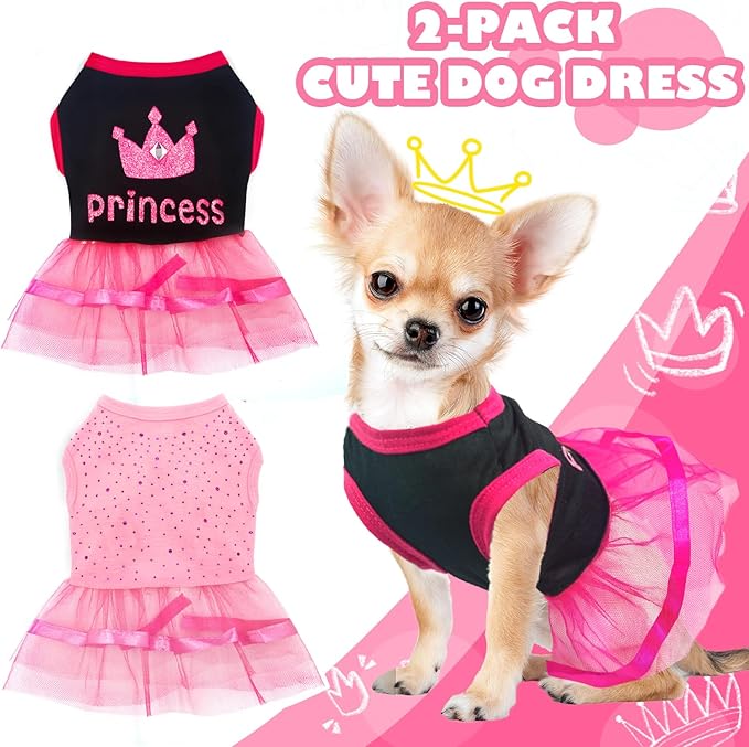 2-Pack Dog Dresses Princess Puppy Dress with Rhinestones Cute Pet Tutu Outfit Female Puppy Clothes for Small Dog Medium Girl,Pink + Black,Medium