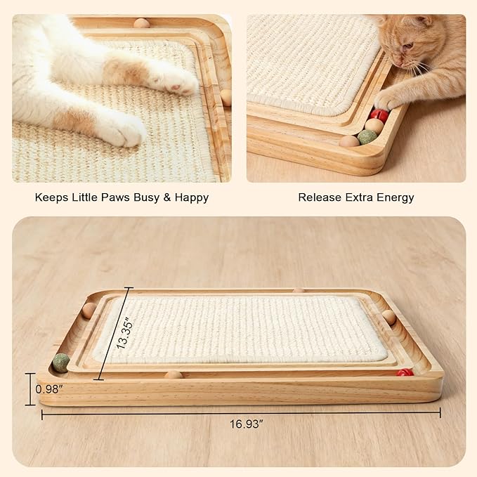 Cat Scratching Pad with Ball Track Toy Interactive Cat Scratcher Board with Rolling Balls Natural Wood Sisal Cat Scratch Pad for Indoor Cats