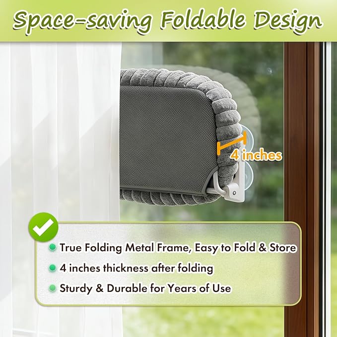 2PC Cat Window Perch with Bolster Foldable Cat Hammock Cushion Bed for Window with Metal Frame, Cloud-Cuddle Cordless Window Resting Seat for Indoor Cats (Cushion Bed, Gray-M)