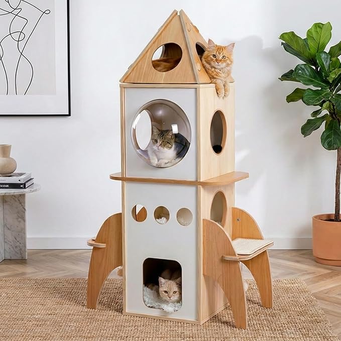 Modern Cat Tree Rocket Shape,54" Wood Cat Tower Multilevel for Indoor Cats, Cat Furniture with 3 Condos, Dangling Balls, Attic Perch