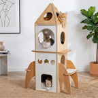 Modern Cat Tree Rocket Shape,54" Wood Cat Tower Multilevel for Indoor Cats, Cat Furniture with 3 Condos, Dangling Balls, Attic Perch