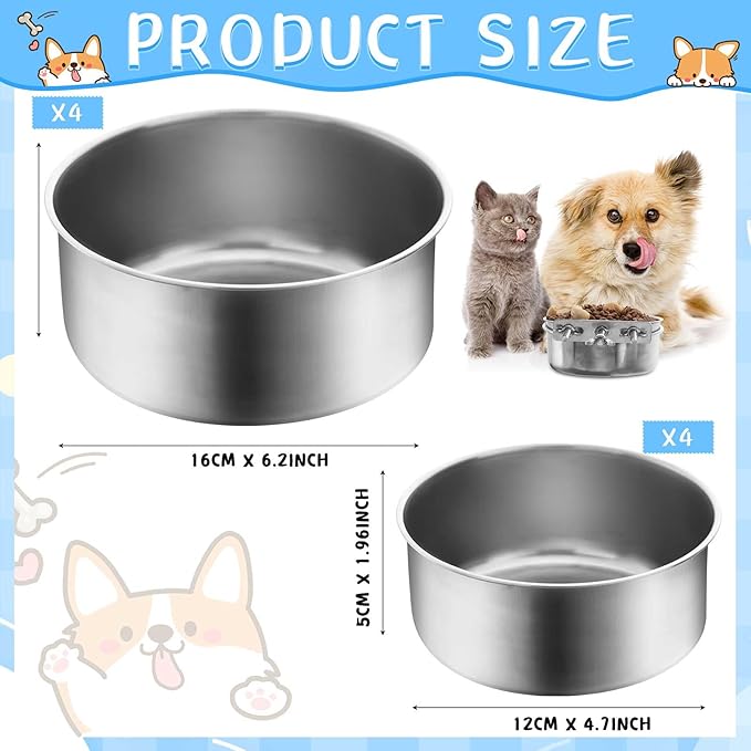 Zubebe Stainless Steel Hanging Dog Crate Bowls, Non-Spill Kennel Food Water Bowls with Screw Clamp Attach Holders, Removable Mountable Metal Cage Feeder for Pet(41 Oz,19 oz)