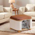 Cat Bed for Indoor Cats – Wooden Cat House with Scratching Pad, Multi-Functional Cat Furniture & Hideaway Stool, Durable Wooden Cat Cabinet Cottage for Kittens