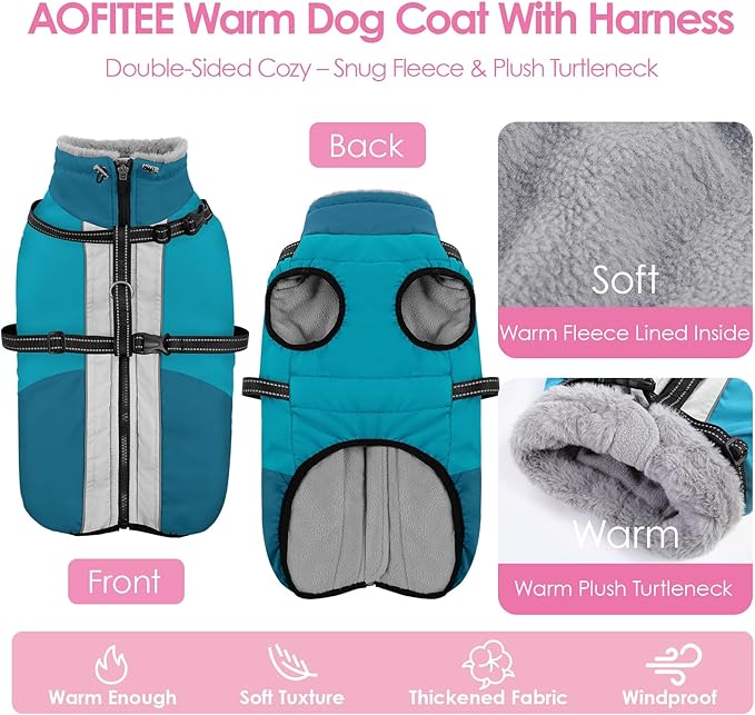 AOFITEE Small Dog Coat, Waterproof Dog Winter Jacket with Harness Built in, Warm Fleece Lined Dogs Jacket for Cold Weather, Reflective Pet Snow Jackets with Zipper for Yorkshire, Schnauzer,Turquoise S