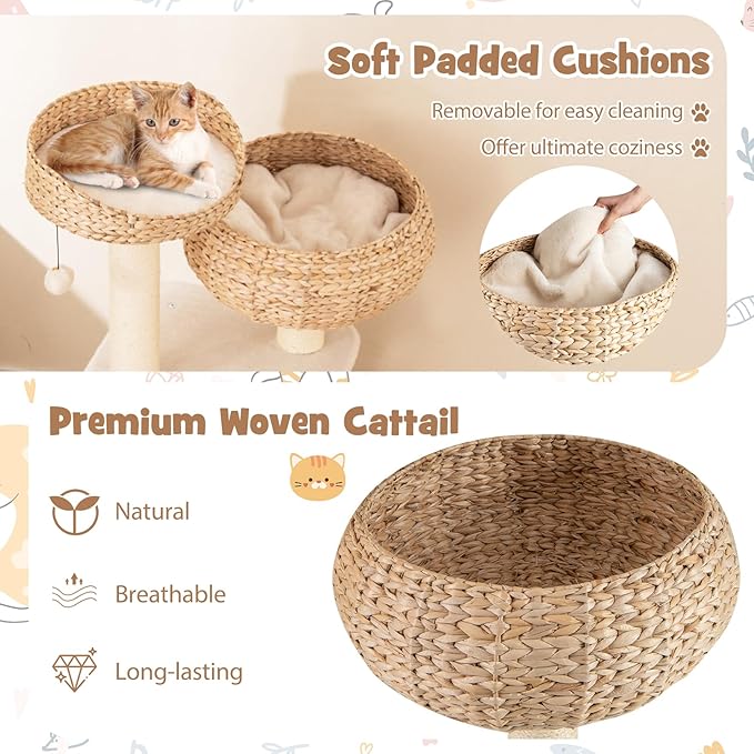 41 Inches Wicker Cat Tree, Modern Cat Tower with Handwoven Cat Condo & Perch, Scratching Post, Dangling Balls and Sisal Rope, Indoor Cat Tree Tower for Large Adult Cats 20 Lbs (White)