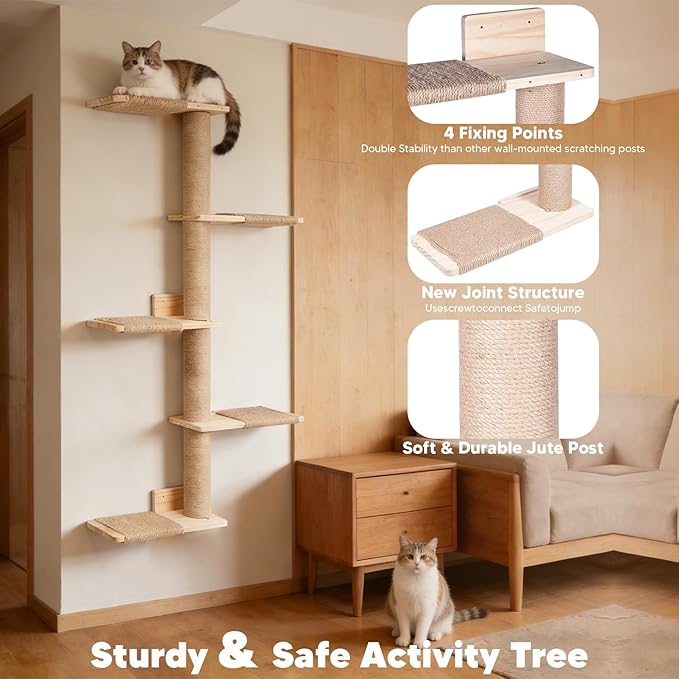 Tall Cat Tree 50inch, 4 Tier Wood Cat Tree Tower with Natural Jute Rope, Cat Wall Shelves Wall-Mounted Scratching Post Adjustable Cat Tower for Indoor Cats (4-Tier Cat Tree, Natural Jute Color)