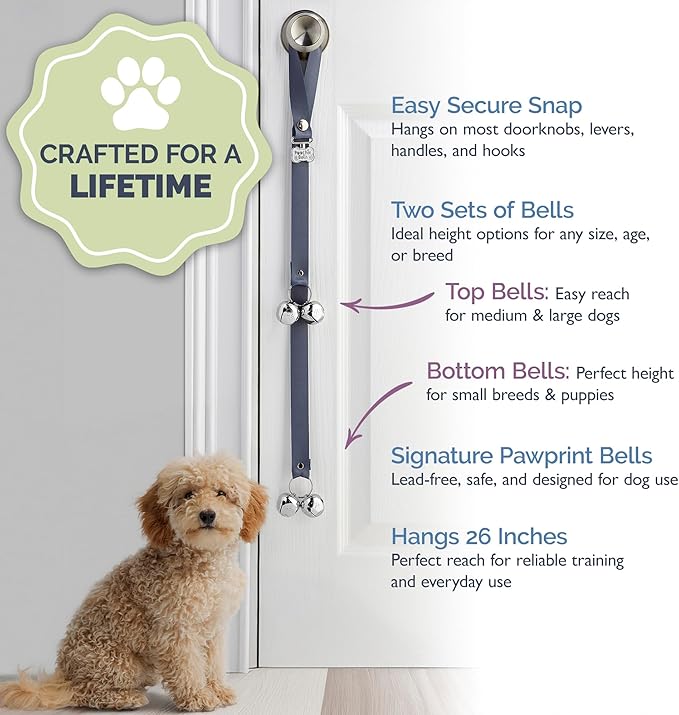 PoochieBells Dog Door Bells for Potty Training, Quick & Easy Puppy Potty Training Method Included, Handcrafted in USA with Loud, Paw-Safe Bells, Pewter Gray