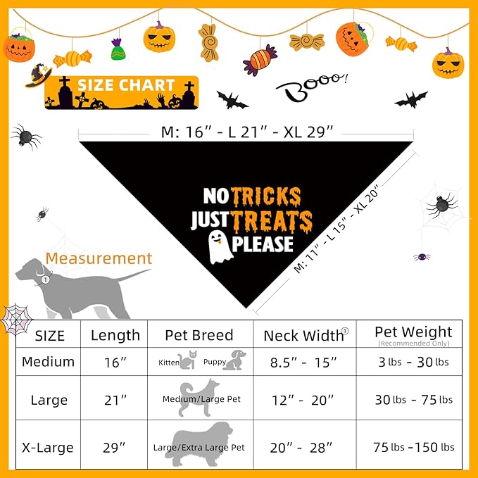 Halloween Dog Bandanas Costumes - No Tricks Just Treats - Slogan Printed Holiday Pet Bandana Snap Button Triangle Scarf, 30-75lbs, Medium and Large Breed