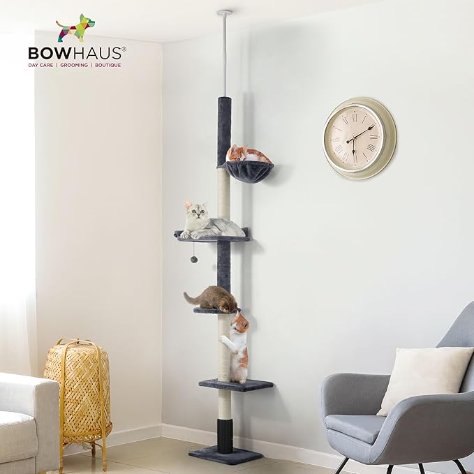 Floor to Ceiling Cat Tree, Adjustable Height 104”-115” Multi-Tier Cat Climbing Tower w/Itching Scratcher, Cozy Hammock, Interactive Playball, Platforms for Indoor Cats, Beige