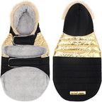 HDE Dog Puffer Jacket Fleece Lined Warm Dog Parka Winter Coat with Harness Hole 90s Black and Gold Metallic - L