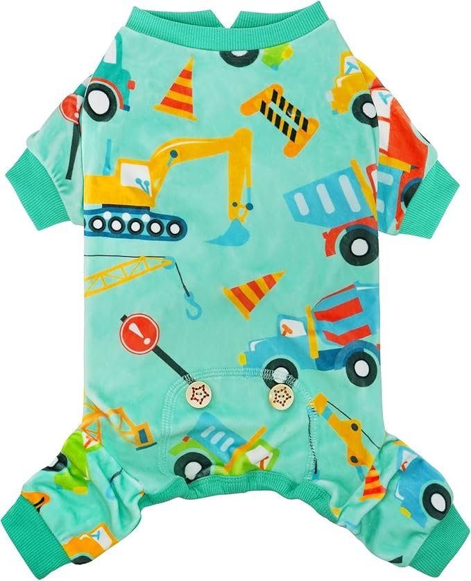 KYEESE Dog Pajamas Velvet Dog Pajamas Small Sized Dogs Soft Dogs Clothes Pet Coat Stretchy Doggie Pjs Pet Costume with Construction Vehicles Pattern Comfy Doggie Jammies Onesie, Medium