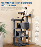 Cat Tree Tower 56in Cat Trees Multi-Level Cat Condos with Spacious Perch, 2 Cozy Condos, Scratching Posts, Climbing Ladder, Toy Ball, Durable Pet House Furniture for Indoor Kittens, Dark Gray