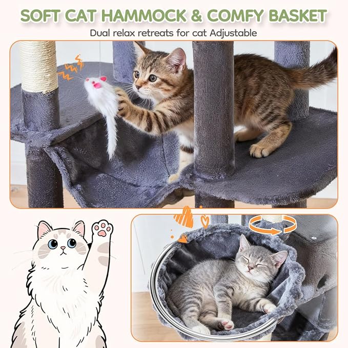 Taoqimiao 79 Inches XXL Cat Tree for Large Cats, for Oversized Cats, Multi-Level Cat Tower, 2 Spacious Cat Condo with 6 Scratching Posts, Hammcock & Cozy Basket, Cat Toys, Smoky Gray, S10G