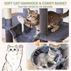 Taoqimiao 79 Inches XXL Cat Tree for Large Cats, for Oversized Cats, Multi-Level Cat Tower, 2 Spacious Cat Condo with 6 Scratching Posts, Hammcock & Cozy Basket, Cat Toys, Smoky Gray, S10G