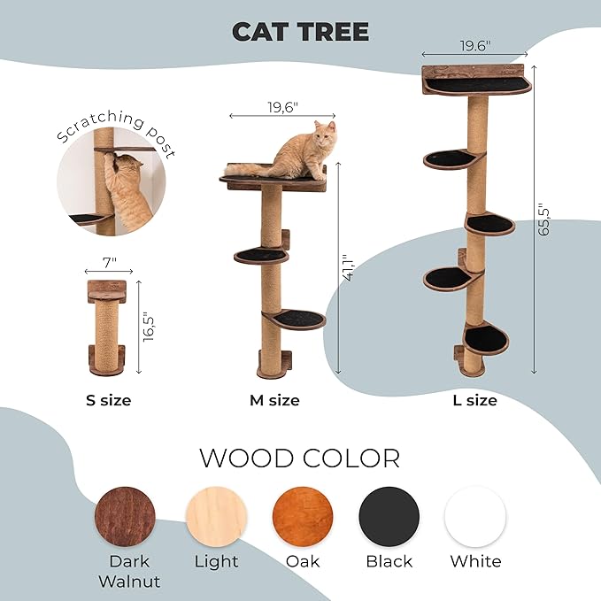 Cat Tower with Scratching Post for Large Cats - Wooden Wall Cat Tree Tower Small Scratching Post for Cats - Wood Cat Furniture Indoor Cats Rustic Cat Decor Cat Lover Gift