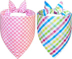 Easter Dog Bandanas 2-Pack for Small to Medium Dogs - Reversible Bunny & Carrot Pastel Plaid Scarf, Pink & Blue Pet Accessories for Spring Gift