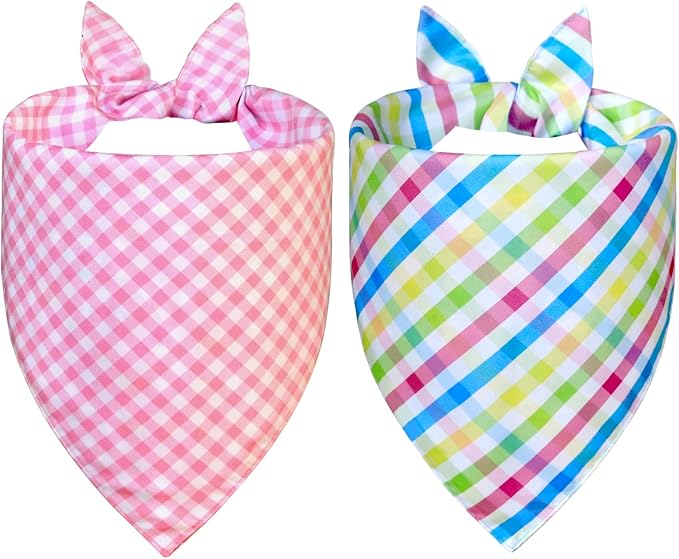 Easter Dog Bandanas 2-Pack for Large to X-Large Dogs - Reversible Bunny & Carrot Pastel Plaid Scarf, Pink & Blue Pet Accessories for Spring Gift