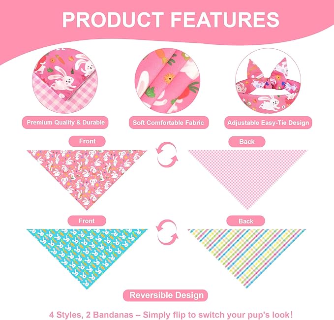 Easter Dog Bandanas 2-Pack for Large to X-Large Dogs - Reversible Bunny & Carrot Pastel Plaid Scarf, Pink & Blue Pet Accessories for Spring Gift