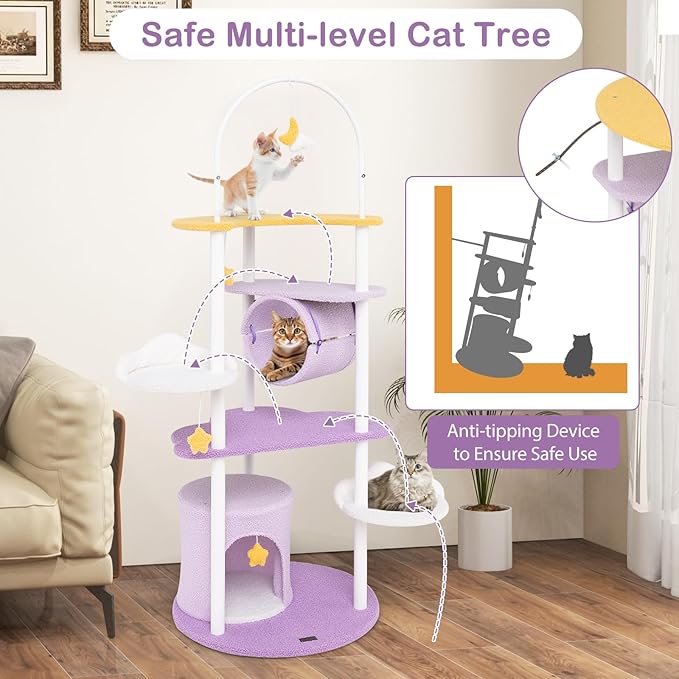 PETSITE 62 inch Moon and Star-Themed Cat Tree, Modern Multi-Level Cat Tower with Moon-Shaped Top Perch, Star-Shaped Hanging Toys, Barrel-Shaped Hammock, and Cat Condo, Cute Cat Tree for Indoor Cats