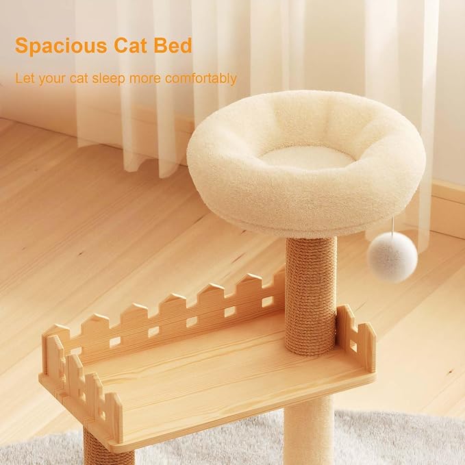 39.3” Wood Cat Tower with Sisal Scratching Post, Modern Cat Tree with Acrylic Bowl, Climbing Ladder & Hanging Ball Toy, Multi-Level Cat Activity Center (39.3 inch)