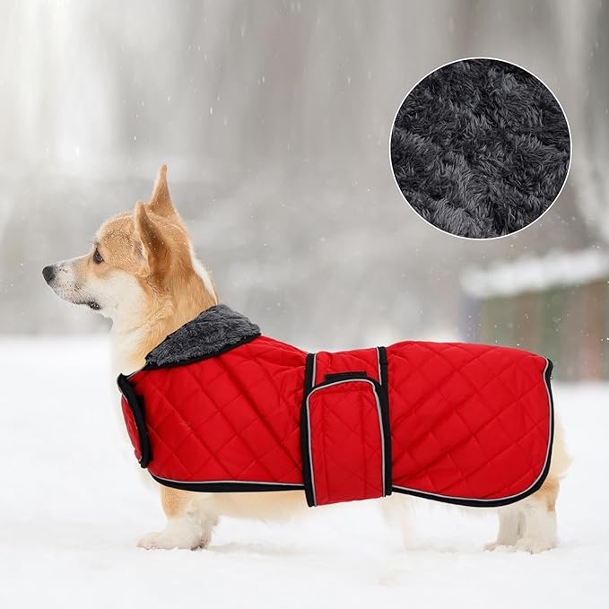 Geyecete Corgi Sweater for Dogs Warm Thermal Quilted Corgi Coat,Dog Winter Coat with Warm Fleece Lining,Outdoor Corgi Clothes Dog Apparel Red-L