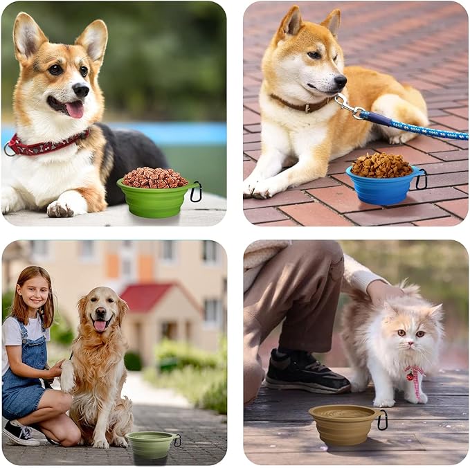 PetBonus 2-Pack Large Silicone Collapsible Dog Bowls, 34oz/1000ml BPA Free Portable Foldable Travel Bowl for Pet Cat, Food Water Feeding Dish for Camping with 2 Carabiners (Turquoise, Tan)