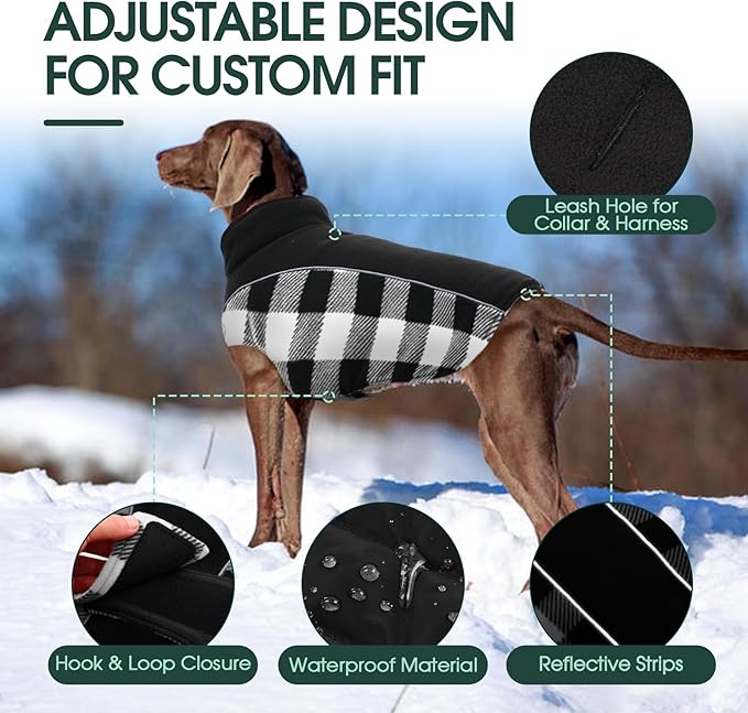 Kuoser Dog Winter Coat, Reversible Waterproof Dog Jacket with Reflective Strip, Warm Dogs Fleece Vest Adjustable Doggy Cold Weather Clothes Plaid Christmas Outfit Pet Apparel for Large Dogs, Black 2XL