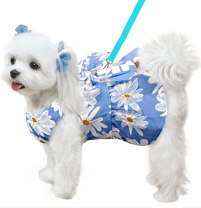Cute Dog Dress Small Dog Clothes for Girls Female Puppy Outfits Floral Pet Summer Clothes Bowknot Doggy Harness Dress Cat Princess Dresses for Holiday Birthday Party (Blue Daisy, Small)