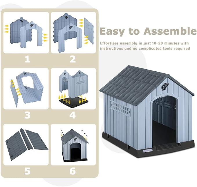 PUKAMI Dog House Outdoor Indoor for Medium Large Dogs, Plastic Dog House Weatherproof, Sturdy Puppy Shelter with Air Vents and Elevated Floor, Easy Clean and Assemble (Grey, 31.5"D x 33.5"W x 33.9"H)