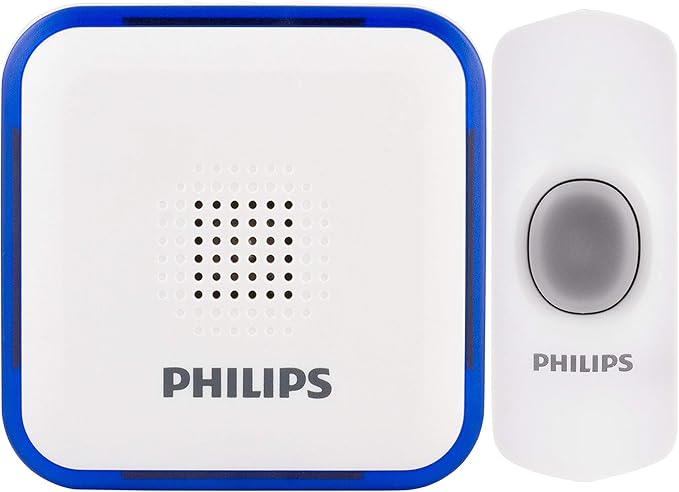 Philips Wireless Doorbell Kit, Battery-Operated Reciever, LED Alert Lights, 1 Push Button, 32 Melodies, 3 Volume Levels, 150 Ft Range, White, DES3140W/27