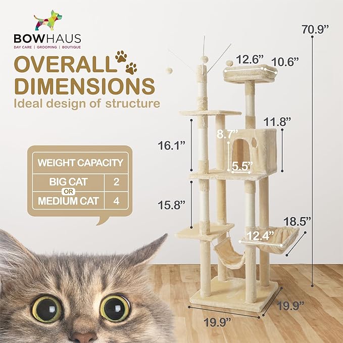 Tall Cat Tree for Indoor Large Cats or Kittens, Multi-Level Cat Activity Tree with Scratching Posts, Hammock, Cat Cave Condo, Modern Cute Small Cat Climbing Tower with Widened Perch