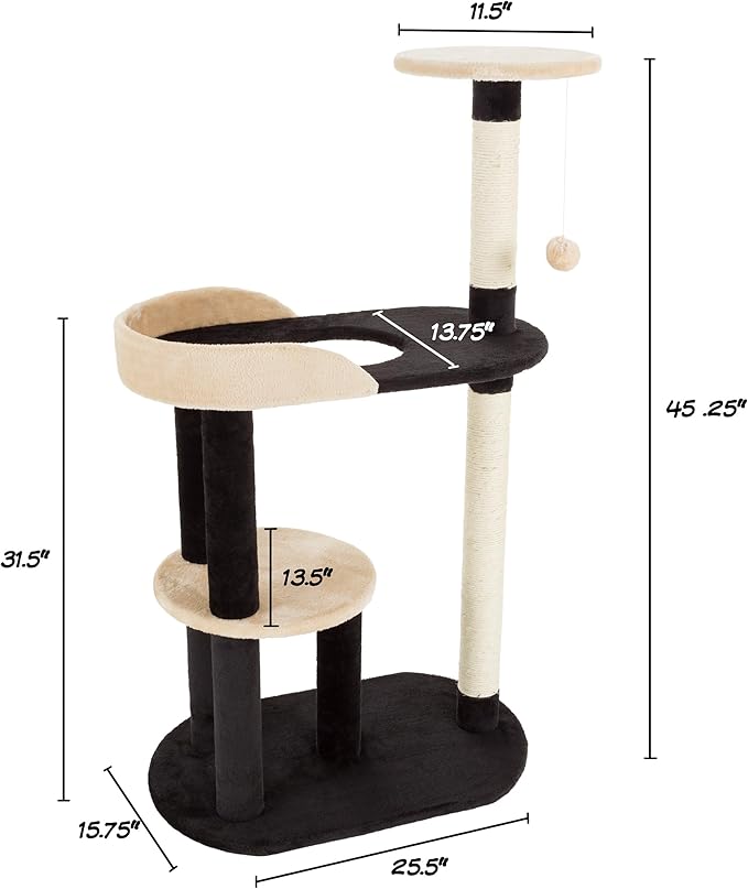 3-Tier Cat Tower - Indoor Feline Furniture with 2 Napping Perches, 2 Sisal Rope Scratching Posts, Peek Hole, and Fun Hanging Toy by PETMAKER (Black)