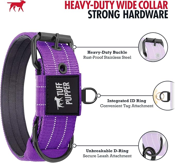 Tuff Pupper Heavy Duty Tactical Dog Collar | 1.25" Wide Ballistic Nylon | Reflective Stitching | Integrated ID Tag Holder | Stainless Steel Buckle | Padded Lining | Small & Medium Dogs (Purple, Small)