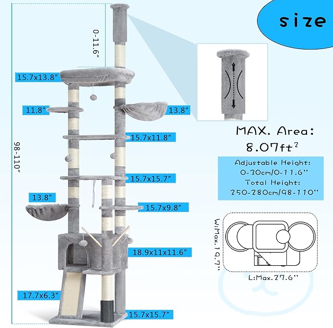 Hey-brother Cat Tree, 98.4-110.2 Inches Floor to Ceiling Cat Tree-Adjustable Height, Tall Cat Climbing Tower for Cats Large Adult with Scratching Post, Cat cando, Light Gray 0MPJ091W