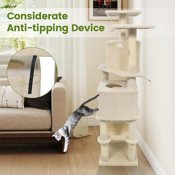 PETSITE 57-inch Modern Cat Tree, Multi-Level Cat Tower with 2 Comfy Condos, Sisal Scratching Posts, Plush Top Perch, Snug Hammock, and Dangling Balls, Ideal for Indoor Cats and Kittens (Beige)