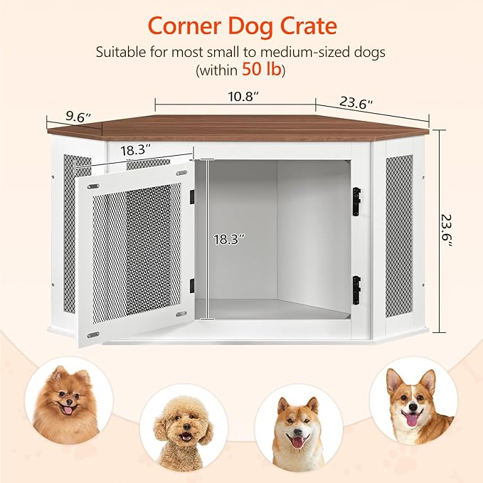Corner Dog Crate Furniture, Wooden Dog Kennel End Table, Decorative Pet Crate Indoor Use, Furniture Style Dog House for Small Medium Dog, Dog Cage TV Stand, White and Walnut DCBA0801