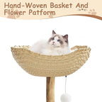 43 in Modern Natural Wood Cat Tree for Cats Aesthetic Cat Tower with Large Basket, Scratching Posts and Real Branch Design, White Luxury Cats Tree One Perch