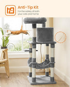 Feandrea Cat Tree, 56.3-Inch Cat Tower, Multi-Level Plush Condo with 11 Scratching Posts, 2 Perches, Hammock, Cave, Light Gray UPCT15W