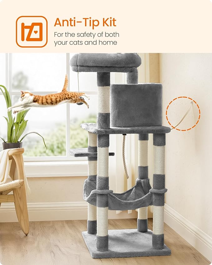 Feandrea Cat Tree, 56.3-Inch Cat Tower, Multi-Level Plush Condo with 11 Scratching Posts, 2 Perches, Hammock, Cave, Light Gray UPCT15W